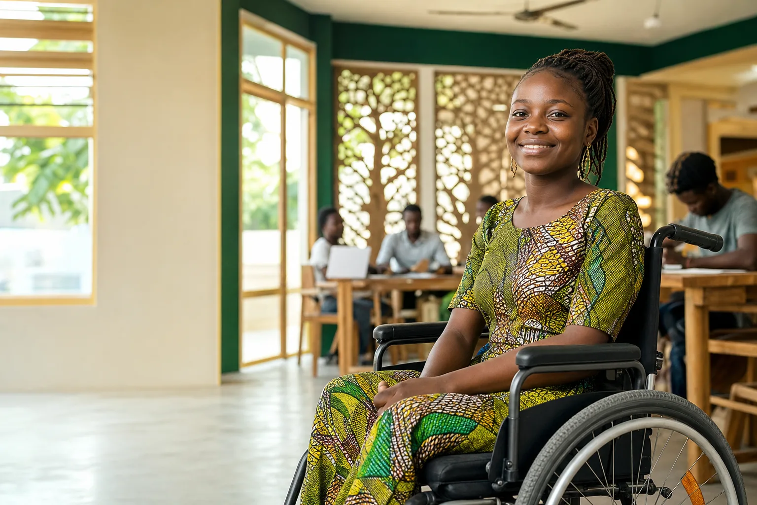 Jeune femme béninoise en fauteuil roulant, souriante et engagée dans un espace de travail collectif