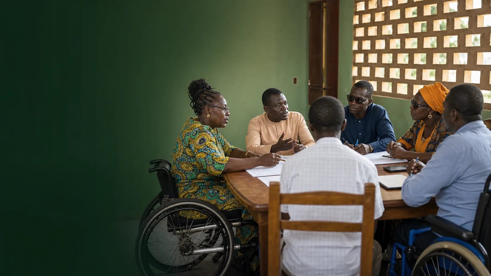 Réunion inclusive réunissant des femmes et des hommes, dont des personnes en fauteuil roulant