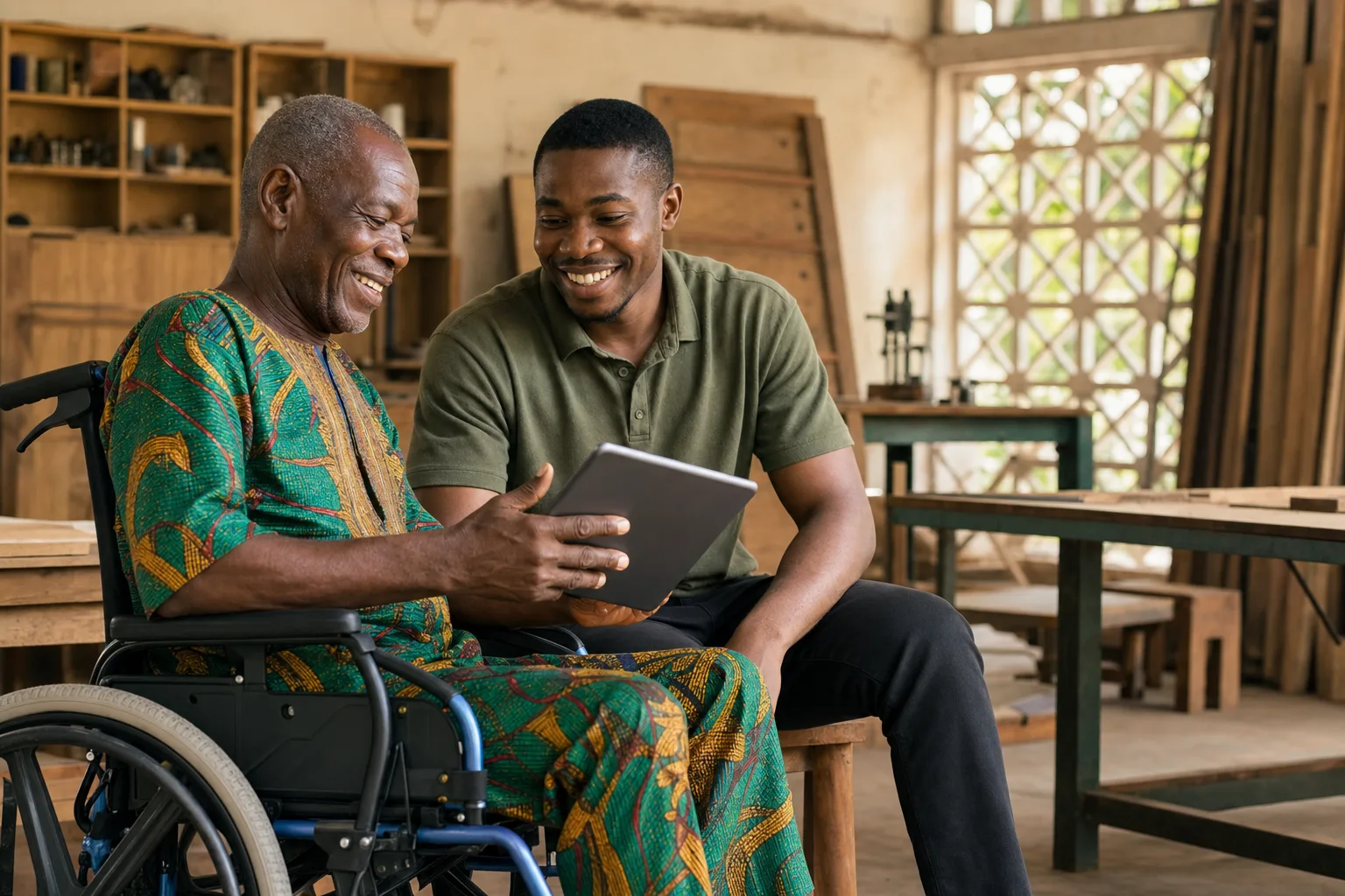 Un homme béninois âgé en fauteuil roulant et un jeune homme travaillent ensemble avec une tablette, souriants